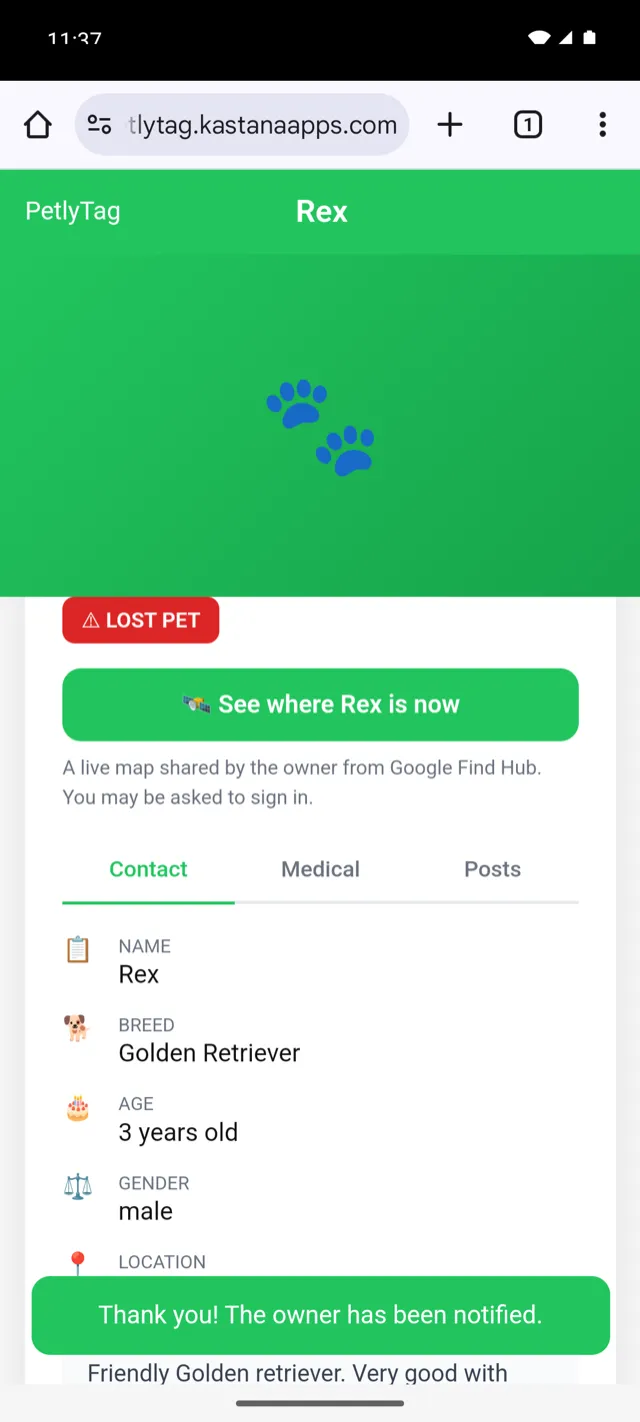 A finder's browser confirming that the owner has been notified.
